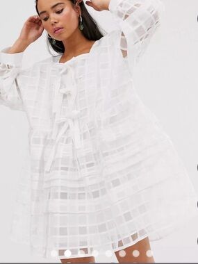 Sister Jane White Sheer Checked Bow-Tie voluminous dress